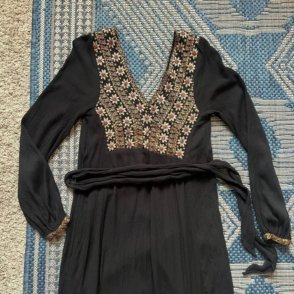 Boho folk embroidered floral romantic goth whimsygoth empire waist midi dress S